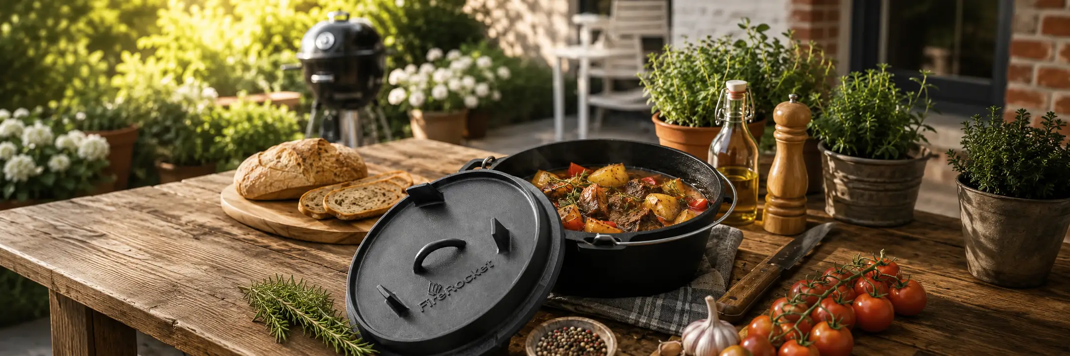 Dutch Oven aus Gusseisen beim Kochen und Schmoren im Freien