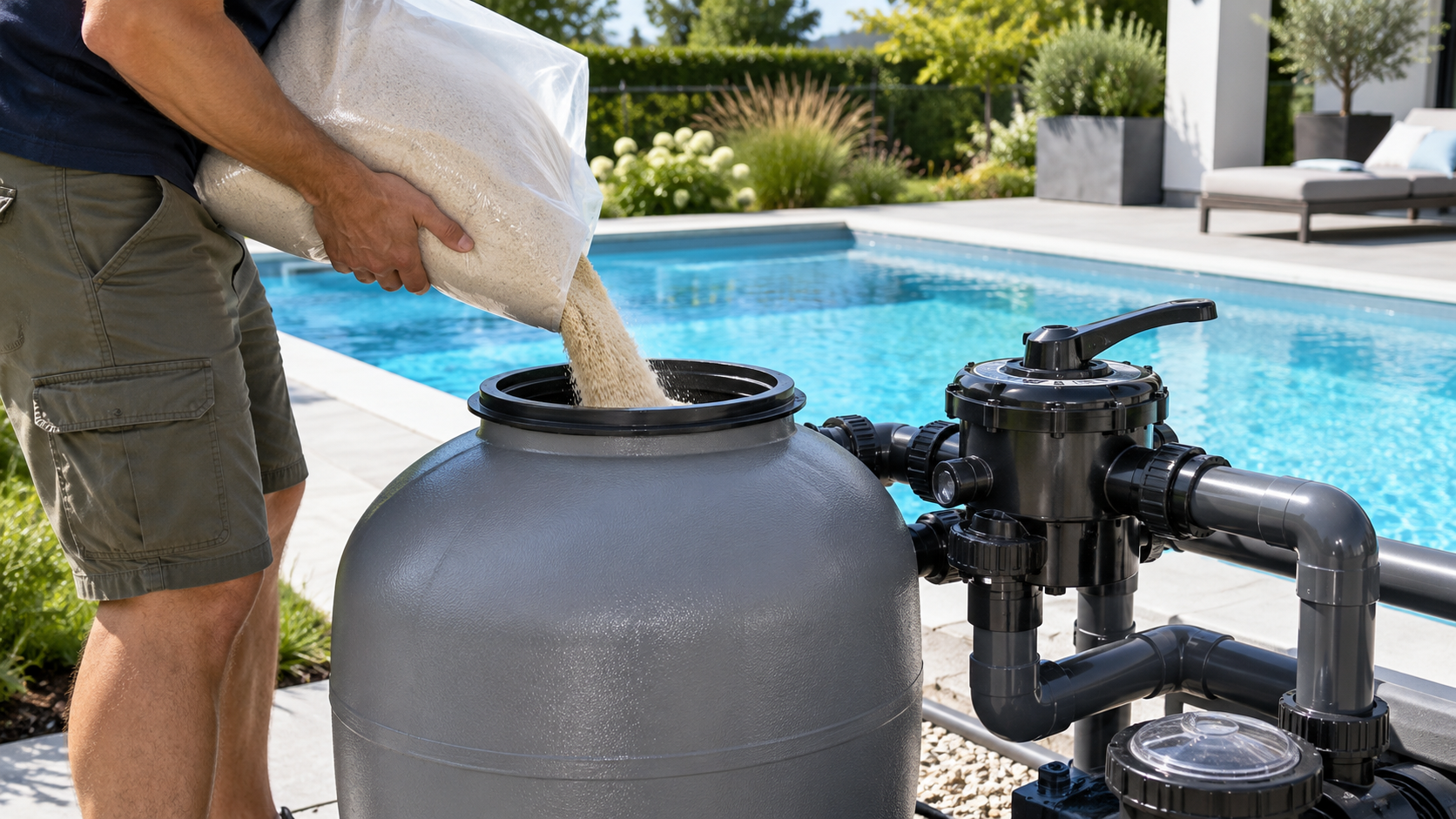 Ein Mann befüllt den Filterkessel einer Pool-Sandfilteranlage mit Filtersand