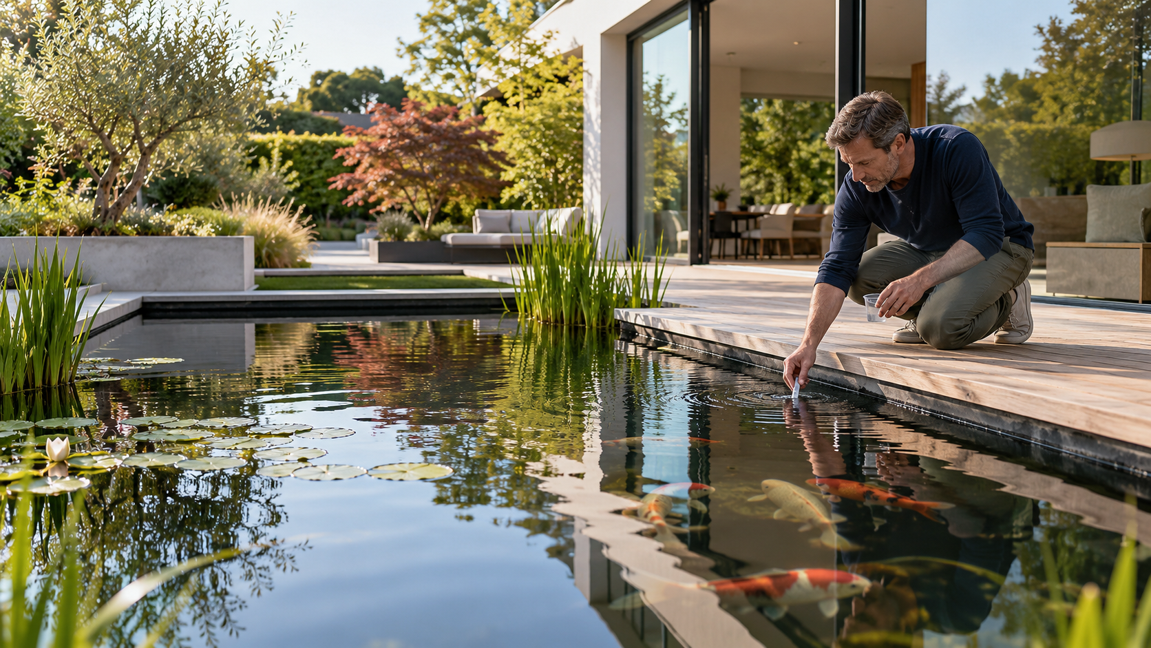 Mann kontrolliert das Teichwasser an einem Gartenteich
