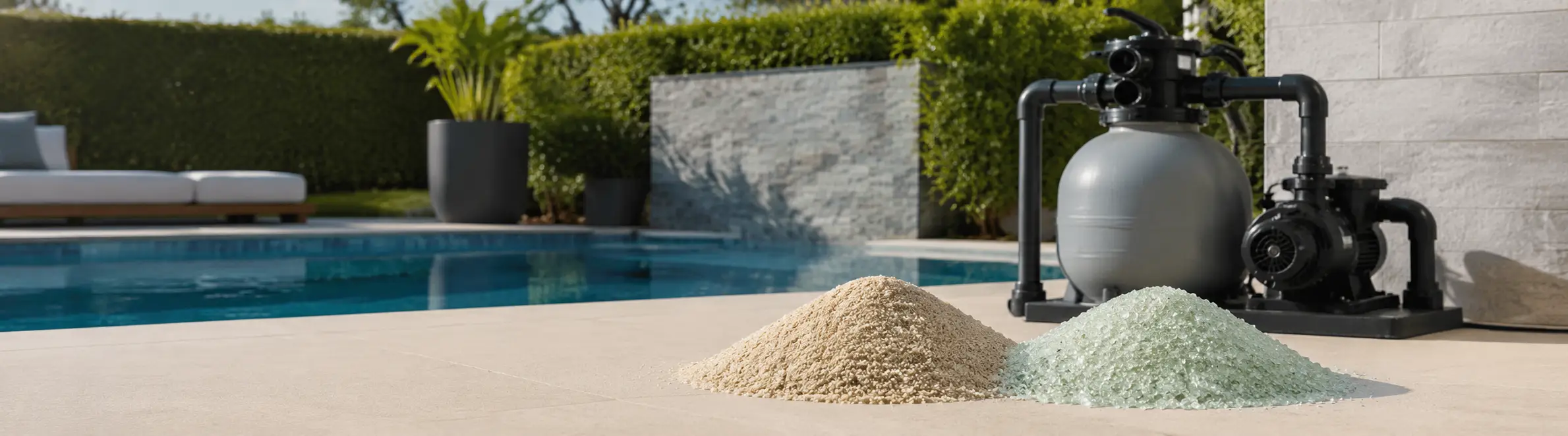 Filtersand und Filterglas vor einer Poolfilteranlage