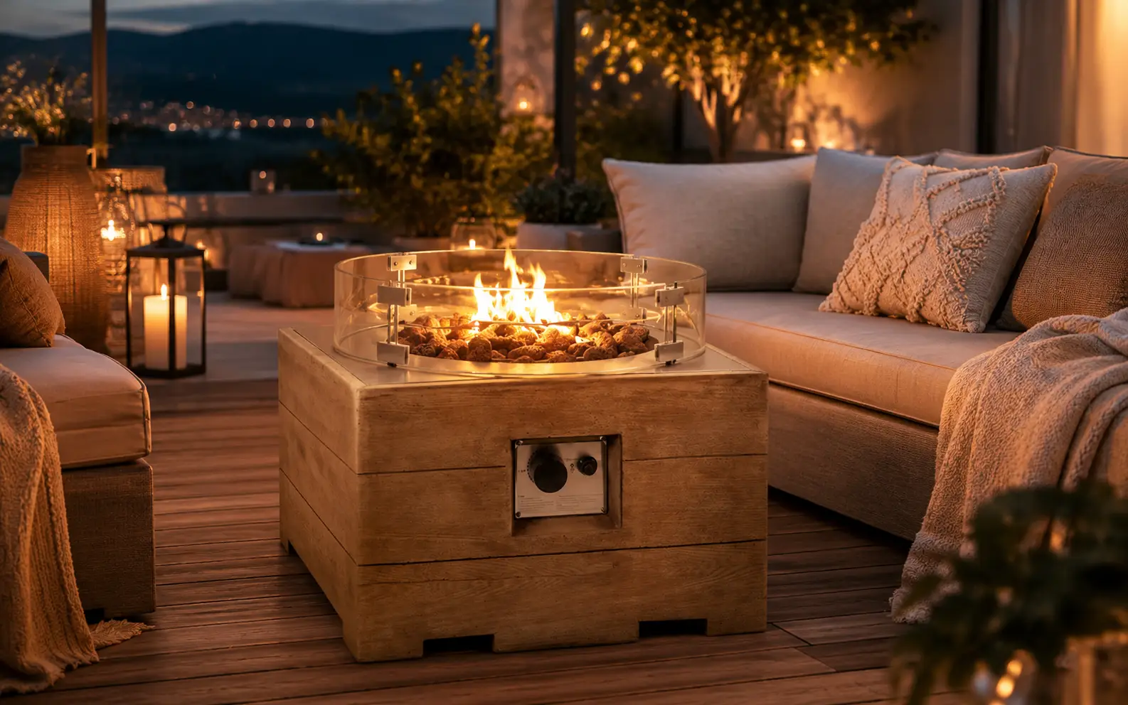 Moderne Feuerstelle mit Flammen für Garten und Terrasse