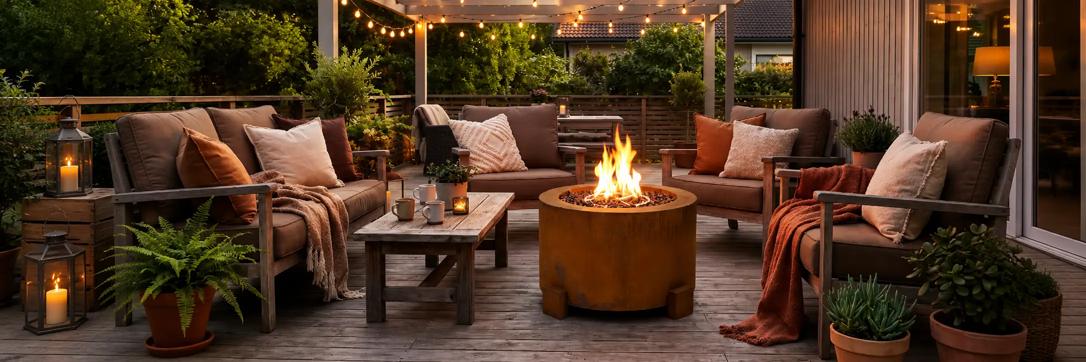 Feuerstelle mit warmer Abendstimmung auf einer Terrasse