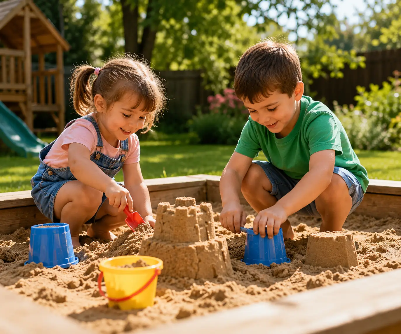 Kinder spielen mit Spielsand im Sandkasten