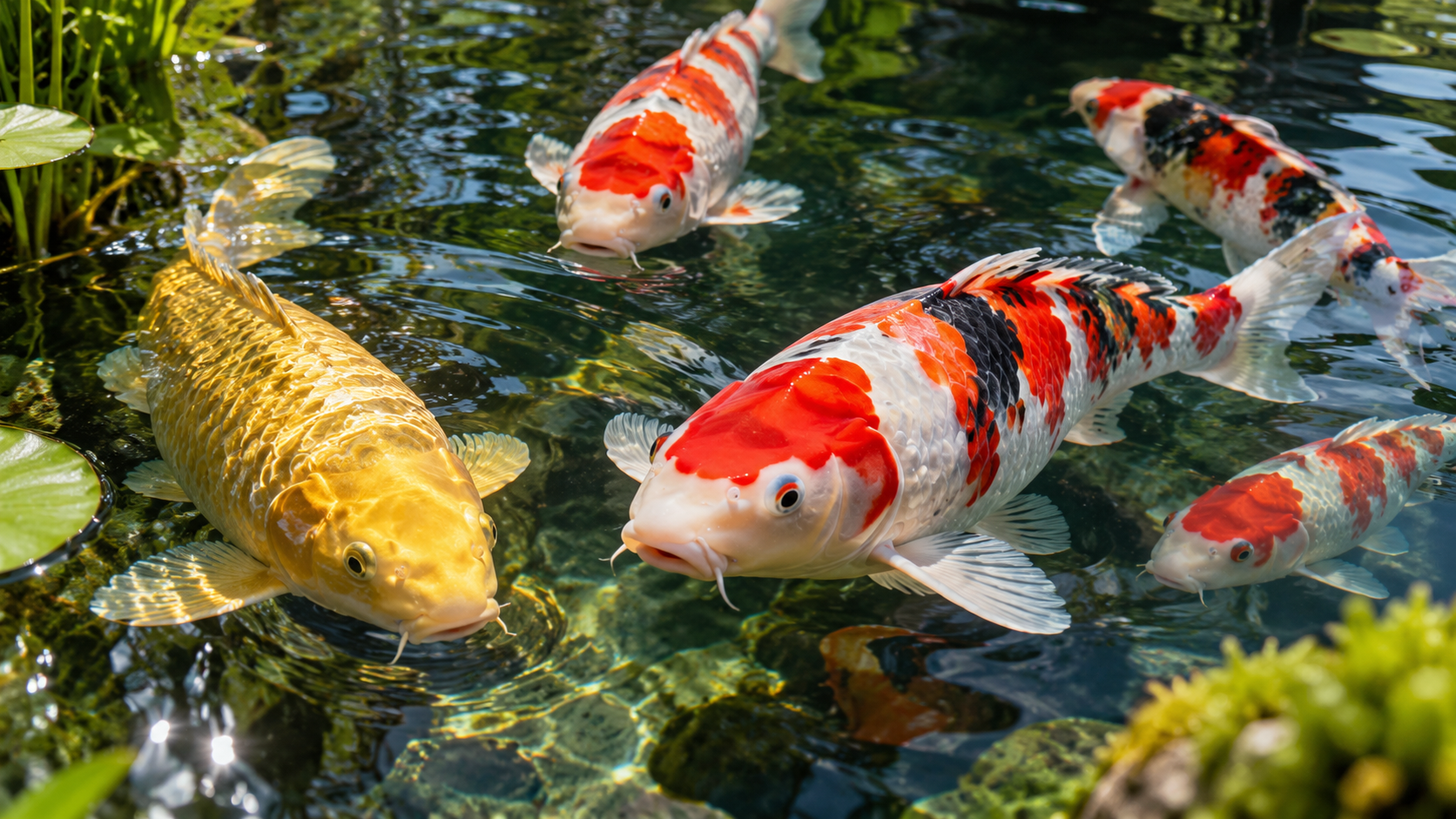 Koifische schwimmen in einem gepflegten Gartenteich