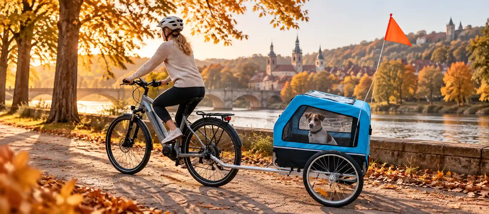 Hund im Hunde-Fahrradanhänger bei einer herbstlichen Fahrradtour