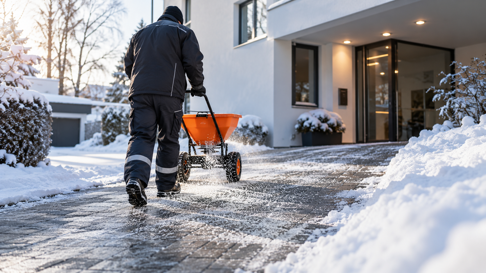Winterdienst mit Streuwagen vor einem Hauseingang