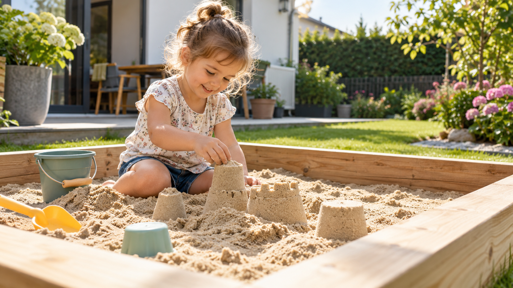 Kind baut mit Spielsand eine Sandburg im Sandkasten
