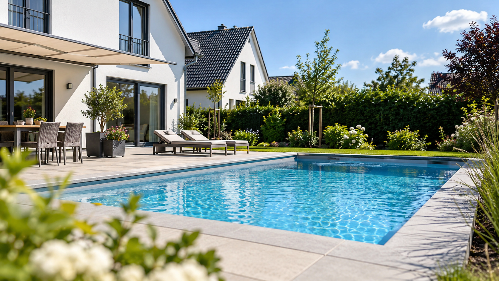 Sauberer Pool im Garten eines Einfamilienhauses