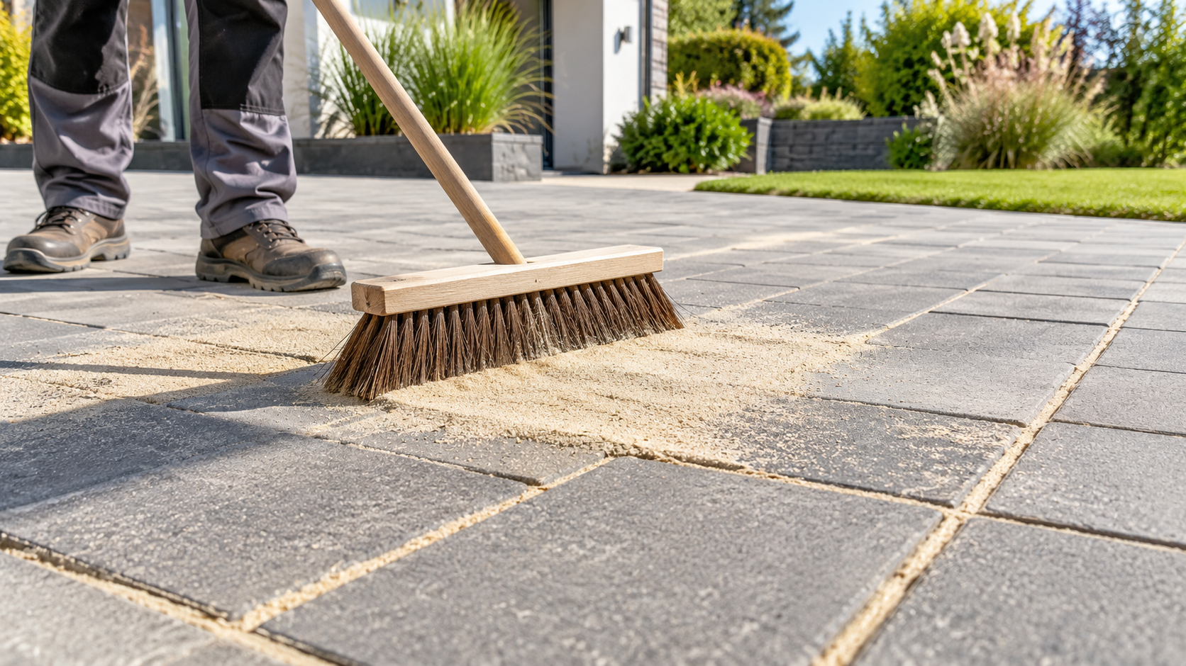 Fugensand wird mit einem Besen in Terrassenfugen eingekehrt